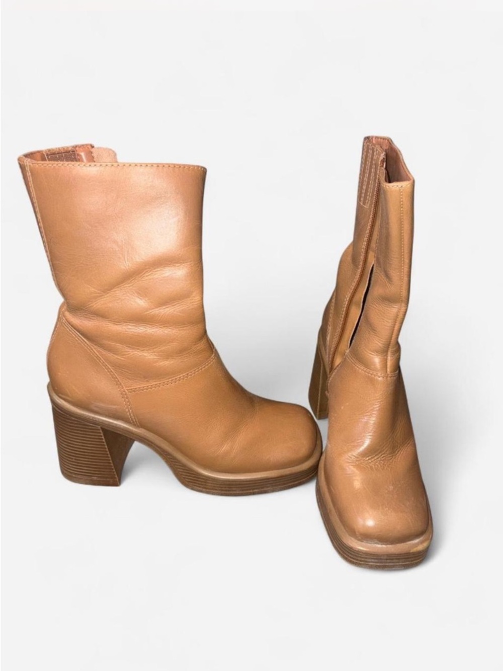 Tan Leather Mid-Calf Block Heel Boots